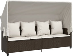 vidaXL - Ligbed - met - luifel - en - kussens - poly - rattan - bruin