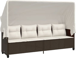 vidaXL - Ligbed - met - luifel - en - kussens - poly - rattan - bruin