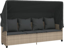 vidaXL - Ligbed - met - luifel - en - kussens - poly - rattan lichtgrijs