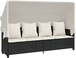 vidaXL - Ligbed - met - luifel - en - kussens - poly - rattan - zwart