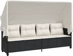 vidaXL - Ligbed - met - luifel - en - kussens - poly - rattan - zwart