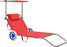 vidaXL - Ligbed - met - luifel - en - wieltjes - inklapbaar - staal - rood