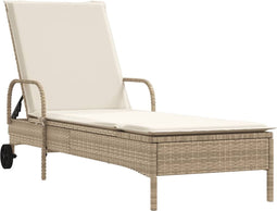 vidaXL - Ligbed - met - wielen - en - kussen - poly - rattan - beige