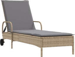 vidaXL - Ligbed - met - wielen - en - kussen - poly - rattan - beige