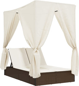 vidaXL - Ligbed - tweepersoons - met - dak - en - gordijn - poly - rattan - bruin