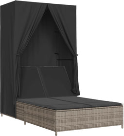 vidaXL - Ligbed - tweepersoons - met - dak - en - gordijn - poly - rattan - grijs