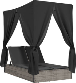 vidaXL - Ligbed - tweepersoons - met - dak - en - gordijn - poly - rattan - grijs