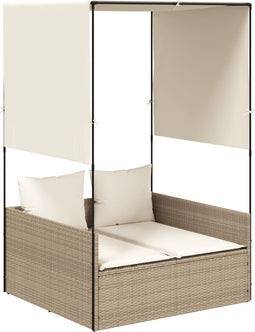 vidaXL - Ligbed - tweepersoons - met - dak - en - gordijn - poly - rattan - beige