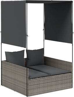vidaXL - Ligbed - tweepersoons - met - dak - en - gordijn - poly - rattan - grijs