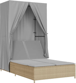 vidaXL - Ligbed - tweepersoons - met - dak - en - gordijn - poly - rattan - beige