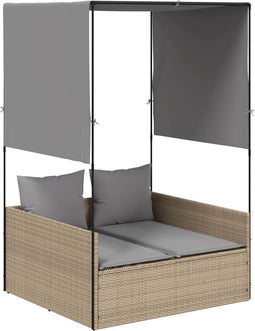 vidaXL - Ligbed - tweepersoons - met - dak - en - gordijn - poly - rattan - beige