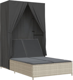 vidaXL - Ligbed - tweepersoons - met - dak - en - gordijn - poly - rattan - lichtgrijs