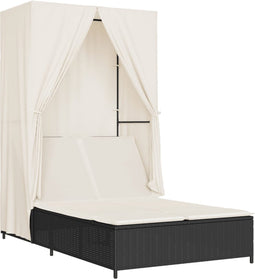 vidaXL - Ligbed - tweepersoons - met - dak - en - gordijn - poly - rattan - zwart