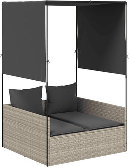 vidaXL - Ligbed - tweepersoons - met - dak - en - gordijn - poly - rattan - lichtgrijs