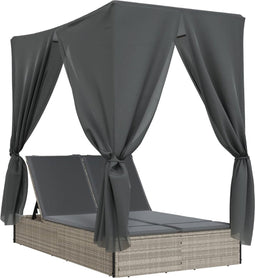 vidaXL - Ligbed - tweepersoons - met - dak - en - gordijn - poly - rattan - lichtgrijs