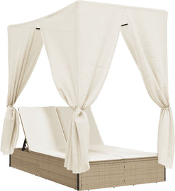 vidaXL - Ligbed - tweepersoons - met - dak - en - gordijn - poly - rattan - beige