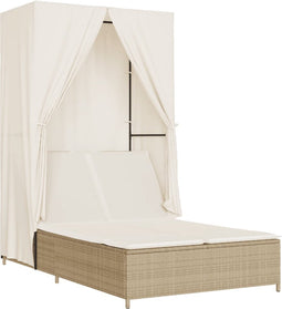 vidaXL - Ligbed - tweepersoons - met - dak - en - gordijn - poly - rattan - beige