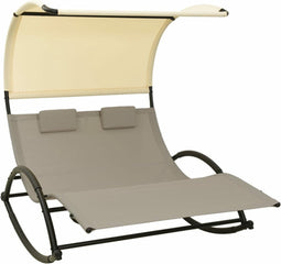 vidaXL - Ligbed - tweepersoons - met - luifel - textileen - taupe - en - crèmekleurig