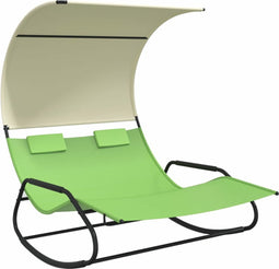vidaXL - Ligbed - tweepersoons - schommelend - met - luifel - groen - en - crèmekleur