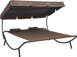 vidaXL - Loungebed - met - luifel - en - kussens - bruin
