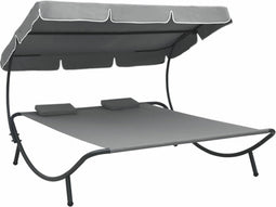 vidaXL - Loungebed - met - luifel - en - kussens - grijs