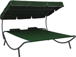 vidaXL - Loungebed - met - luifel - en - kussens - groen