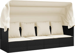 vidaXL - Loungebed - met - luifel - en - kussens - poly - rattan - zwart
