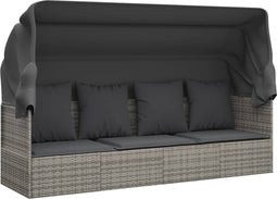 vidaXL - Loungebed - met - luifel - en - kussens - poly - rattan - grijs