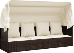 vidaXL - Loungebed - met - luifel - en - kussens - poly - rattan - bruin