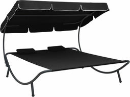 vidaXL - Loungebed - met - luifel - en - kussens - zwart