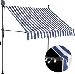vidaXL - Luifel - handmatig - uitschuifbaar - met - LED - 200 - cm - blauw - en - wit