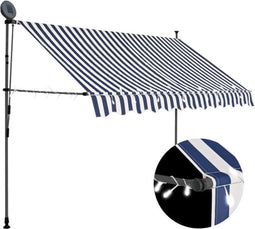vidaXL - Luifel - handmatig - uitschuifbaar - met - LED - 250 - cm - blauw - en - wit