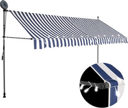vidaXL - Luifel - handmatig - uitschuifbaar - met - LED - 350 - cm - blauw - en - wit
