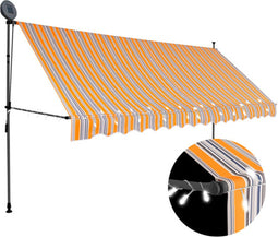 vidaXL - Luifel - handmatig - uitschuifbaar - met - LED - 400 - cm - geel - en - blauw