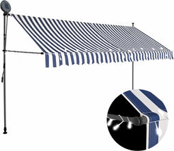 vidaXL - Luifel - handmatig - uitschuifbaar - met - LED - 400 - cm - blauw - en - wit