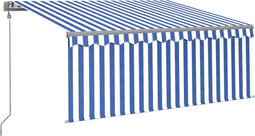 vidaXL - Luifel - met - rolgordijn, - LED - en - windsensor - 3,5x2,5 - m - blauw - en - wit