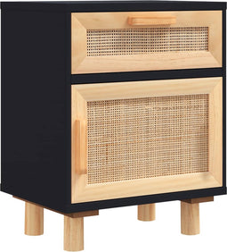 vidaXL - Nachtkastje - massief - grenenhout - en - natuurlijk - rattan - zwart