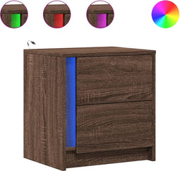 vidaXL - Nachtkastje - met - LED-verlichting - bewerkt - hout - bruin - eikenkleur