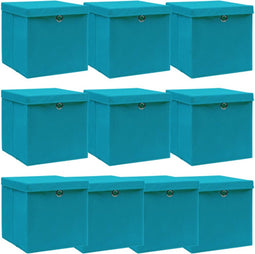 vidaXL - Opbergboxen - met - deksel - 10 - st - 32x32x32 - cm - stof - babyblauw