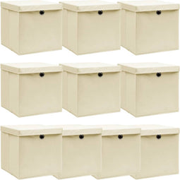 vidaXL - Opbergboxen - met - deksel - 10 - st - 32x32x32 - cm - stof - crèmekleurig