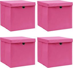 vidaXL - Opbergboxen - met - deksel - 4 - st - 32x32x32 - cm - stof - roze