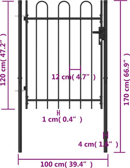vidaXL - Poort - met - gebogen - bovenkant - enkel - 1x1,2 - m - staal - zwart