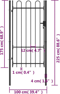 vidaXL - Poort - met - gebogen - bovenkant - enkel - 1x1,75 - m - staal - zwart