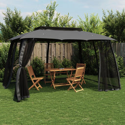 vidaXL - Prieel - met - gaaswanden - en - dubbel - dak - 3,93x2,93 - m - staal - antraciet