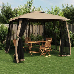 vidaXL - Prieel - zijwanden - van - gaas - en - dubbel - dak - 2,93x2,93 - m - staal - taupe