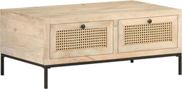 vidaXL - Salontafel - 90x50x37 - cm - massief - mangohout - en - natuurlijk - riet