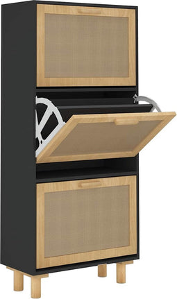 vidaXL - Schoenenkast - 52x25x115 - cm - bewerkt - hout - en - rattan - zwart