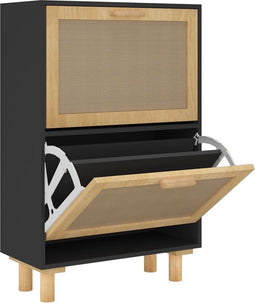 vidaXL - Schoenenkast - 52x25x80 - cm - bewerkt - hout - en - rattan - zwart
