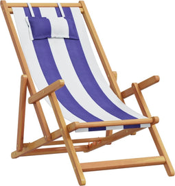 vidaXL - Strandstoel - inklapbaar - eucalyptushout - en - stof - blauw - en - wit