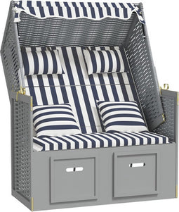 vidaXL - Strandstoel - met - kussens - poly - rattan - en - hout - blauw - en - wit